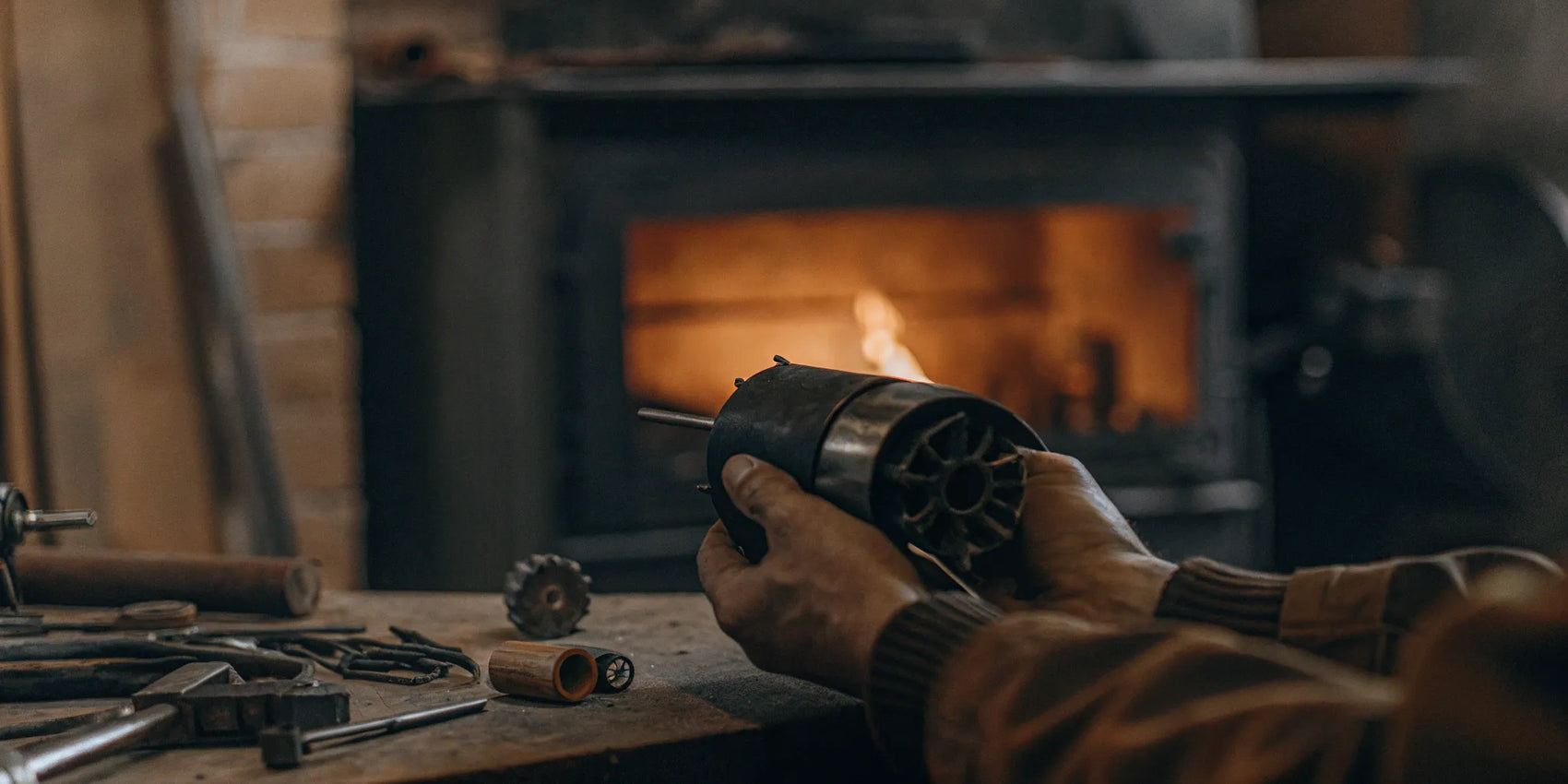 Hands holding a new wood stove blower motor for replacement.