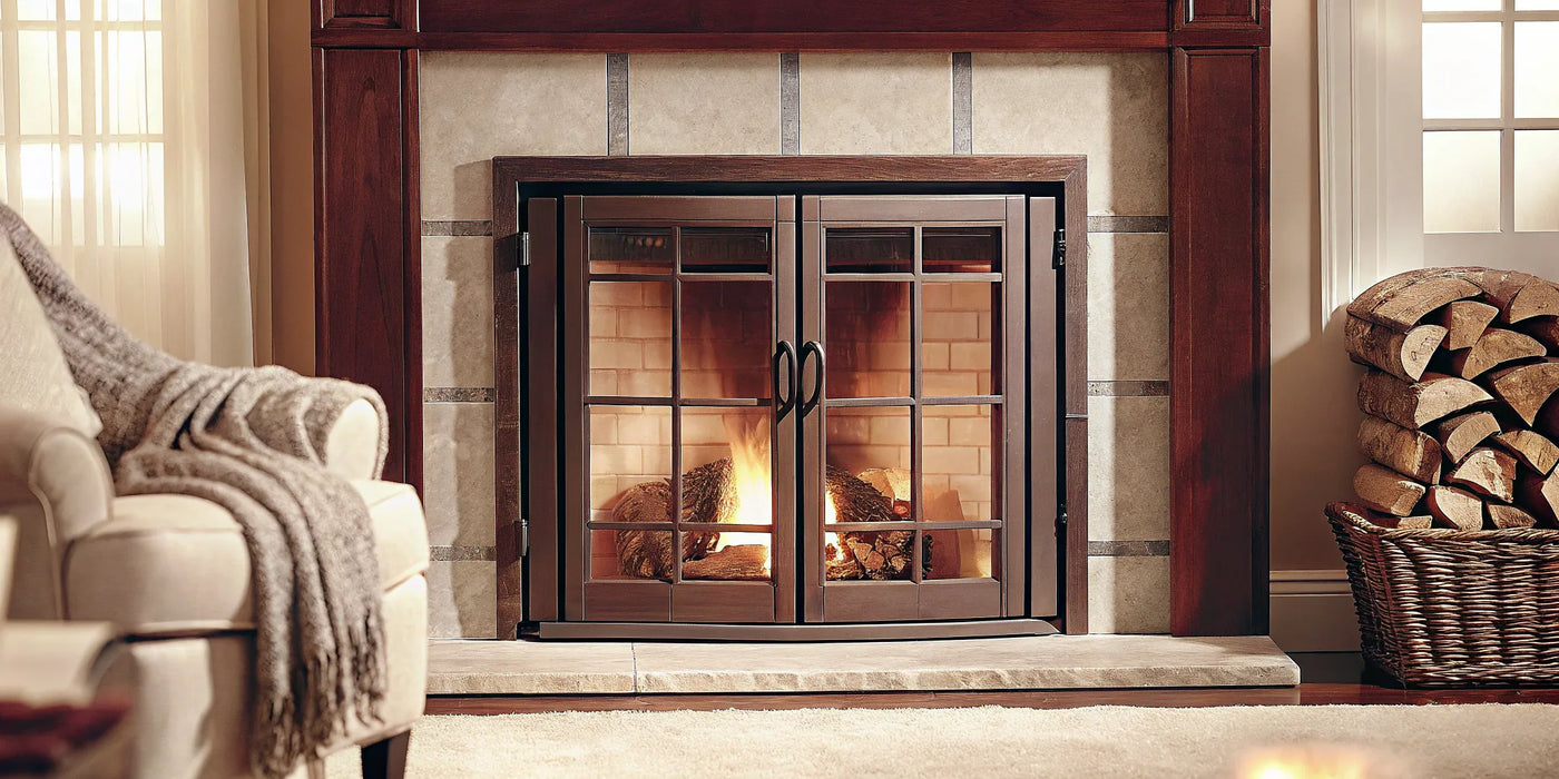 Custom tempered glass fireplace doors showing a warm fire through a secure frame.