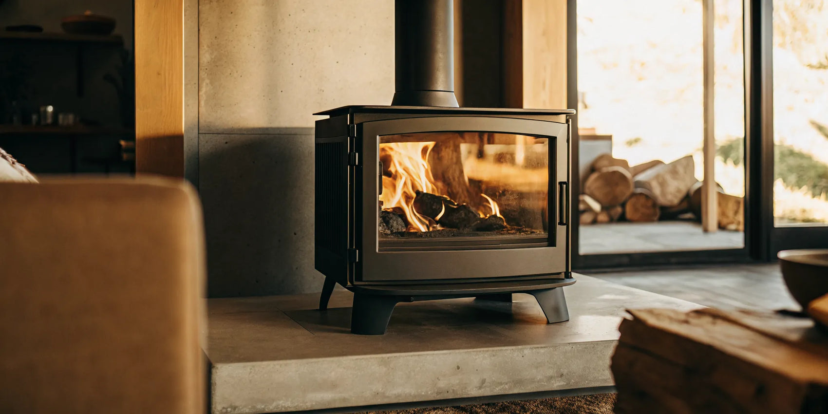 A Blaze King wood stove with a steady fire, known for its long burn times and efficiency.
