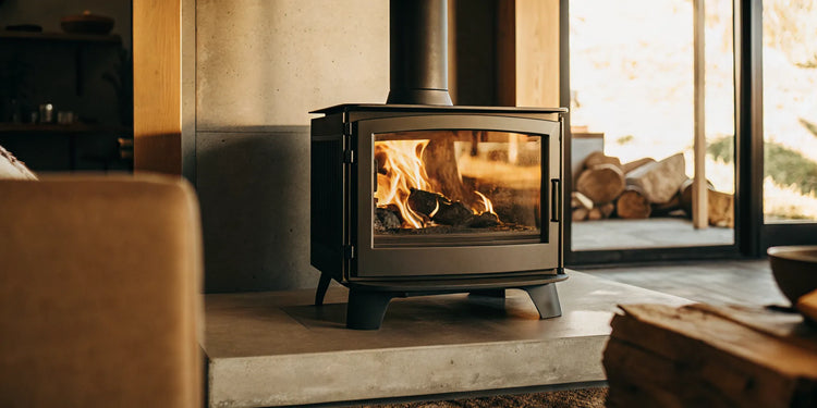 A Blaze King wood stove with a steady fire, known for its long burn times and efficiency.