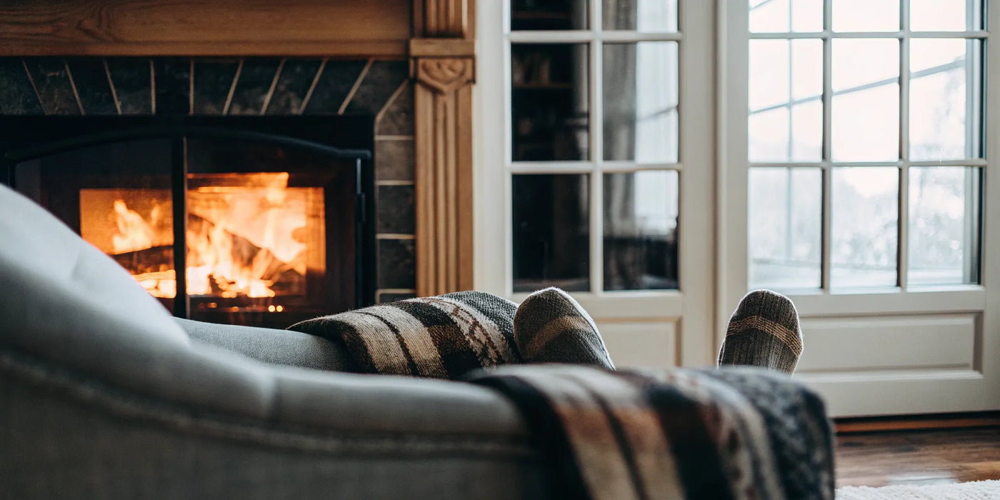 Black-framed ceramic glass fireplace doors safely containing a warm fire.