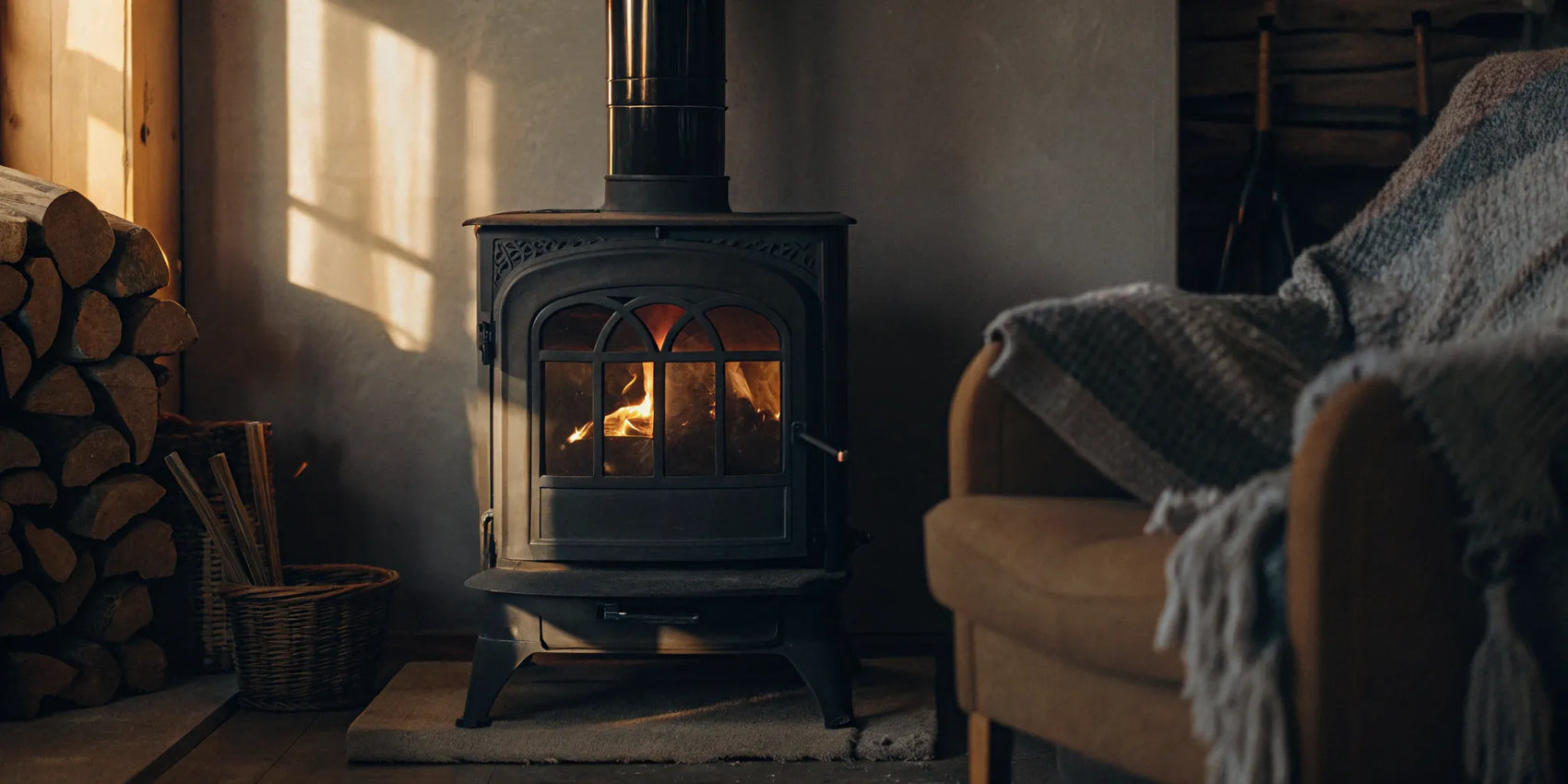 A bright fire burns safely behind the ceramic glass door of a wood stove.