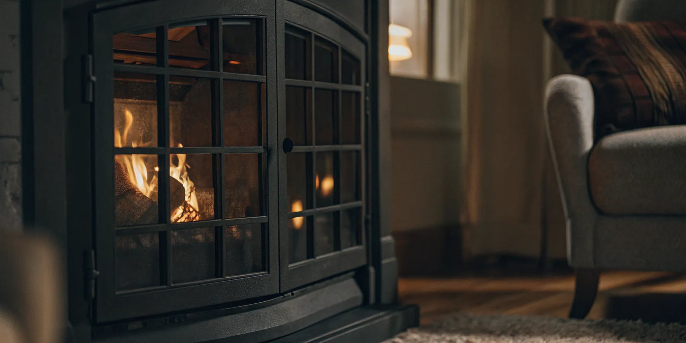 Custom cut ceramic fireplace glass in a black frame with a fire burning inside.