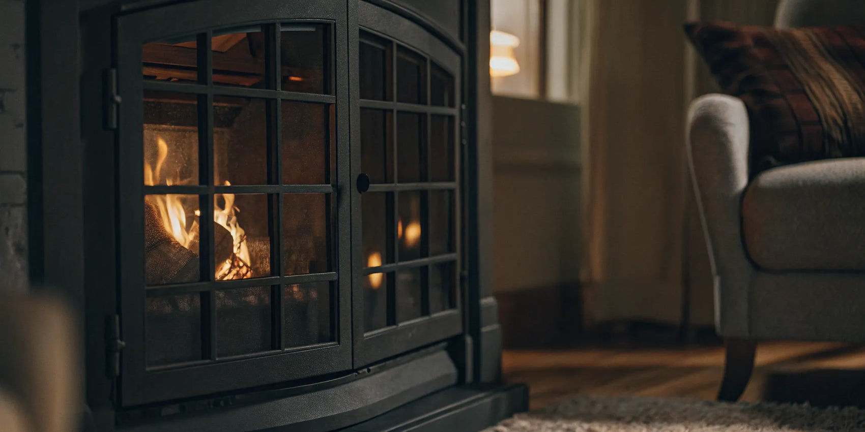 Custom cut ceramic fireplace glass in a black frame with a fire burning inside.