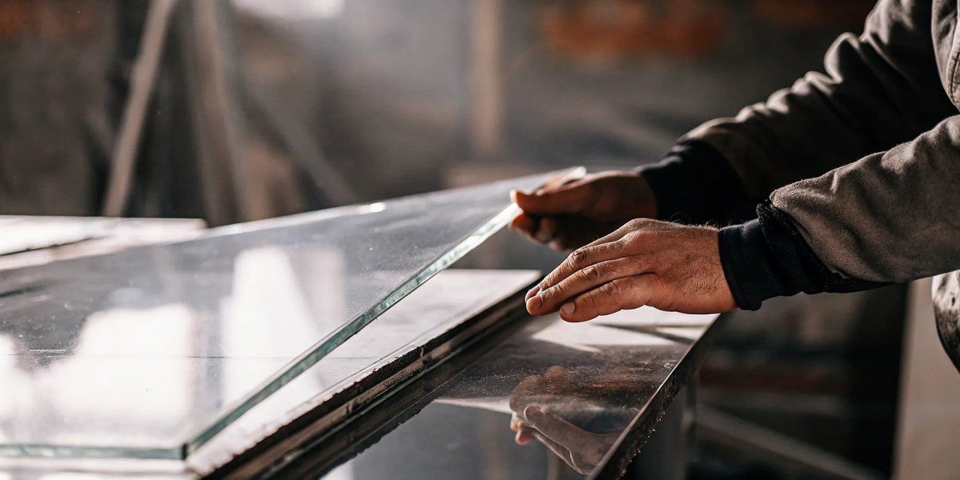 A person measuring a custom cut sheet of tempered glass.