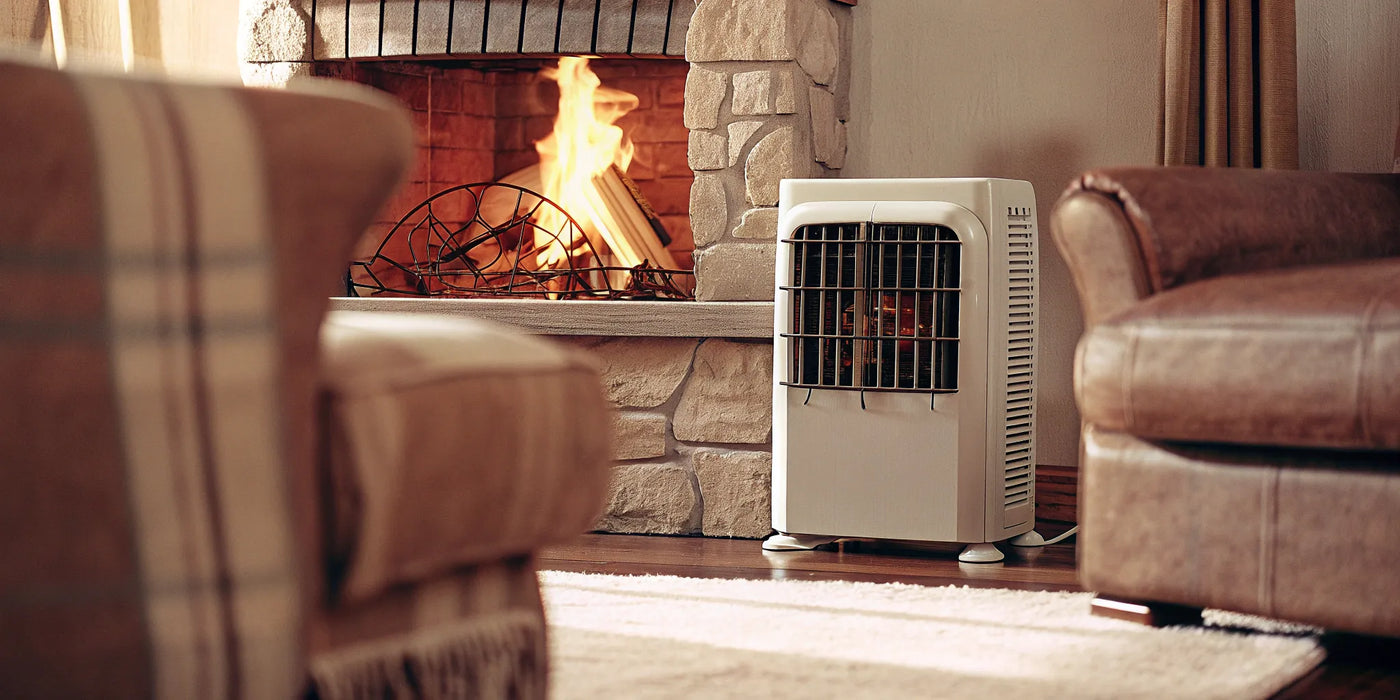 A fireplace fan blower kit distributing heat into a cozy living room.