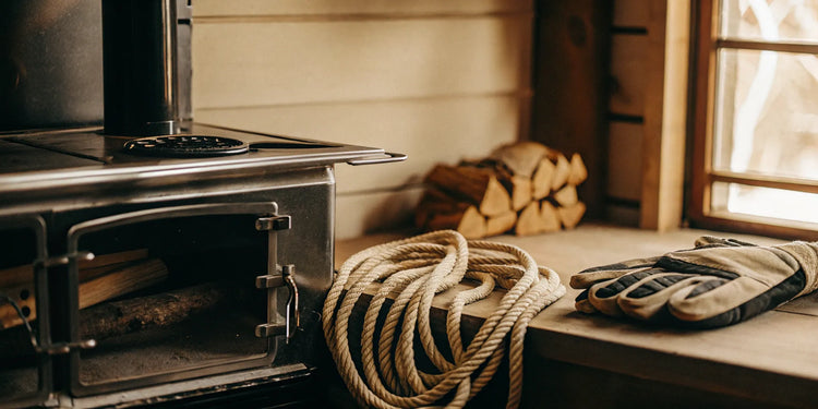 New stove gasket rope and gloves laid out for replacement on an open wood stove.