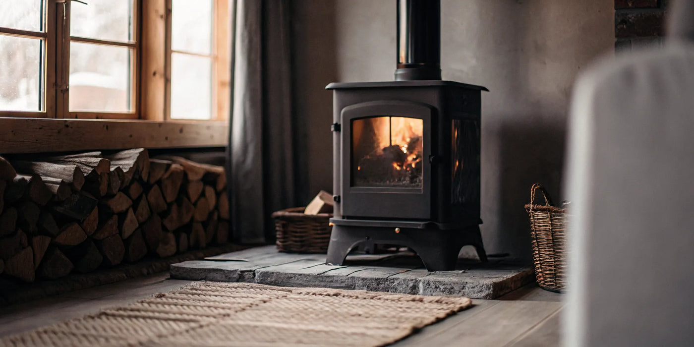 A wood stove with a fire, a common appliance for a blower motor replacement.