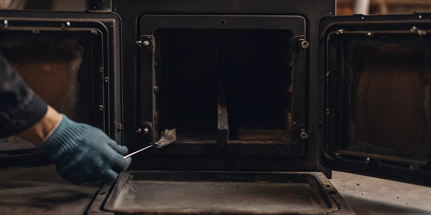 Cleaning a wood stove door gasket channel with a brush for a DIY replacement.