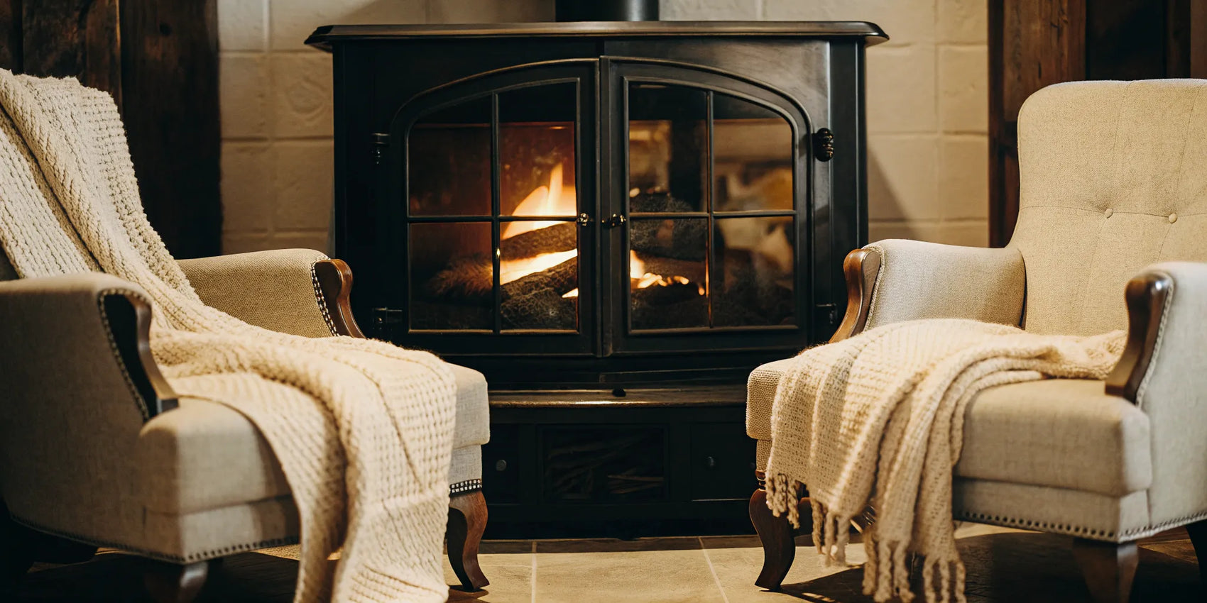 Cheap replacement tempered glass doors on a fireplace in a cozy living room.