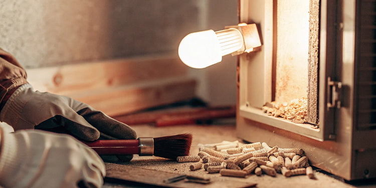 Pellet stove not igniting after cleaning, with tools and pellets near the open burn pot.