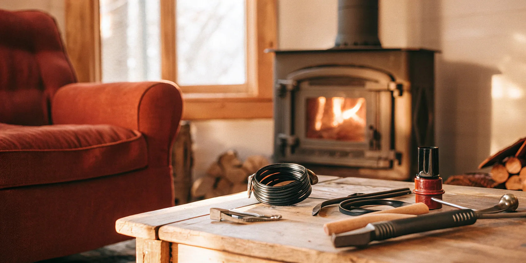 Wood stove gasket kit and tools for installation laid out next to a wood stove.
