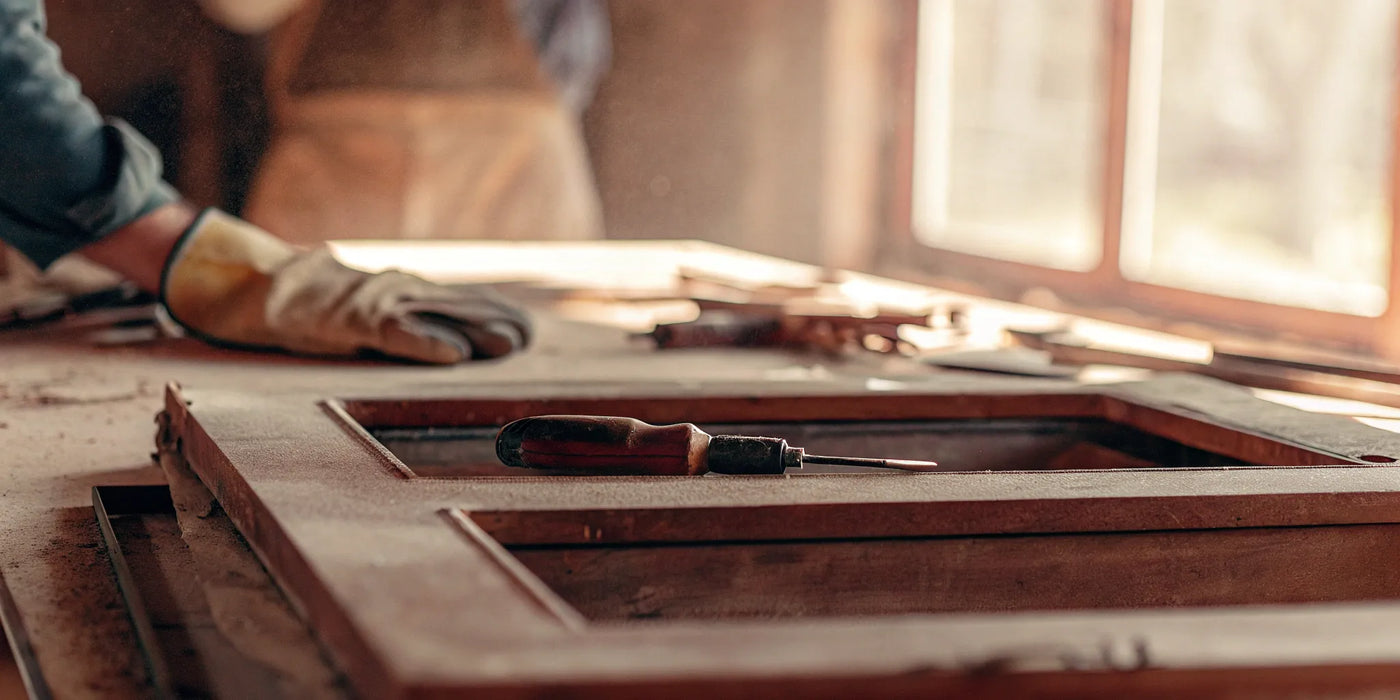 A person with gloves uses a screwdriver to replace the glass in a wood stove door.