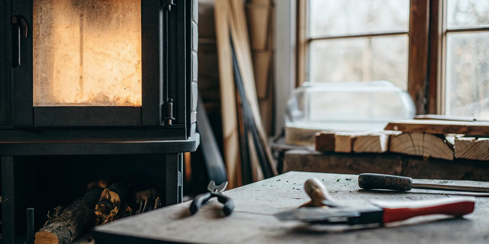 Wood stove door on a workbench with tools and a new gasket for glass replacement.