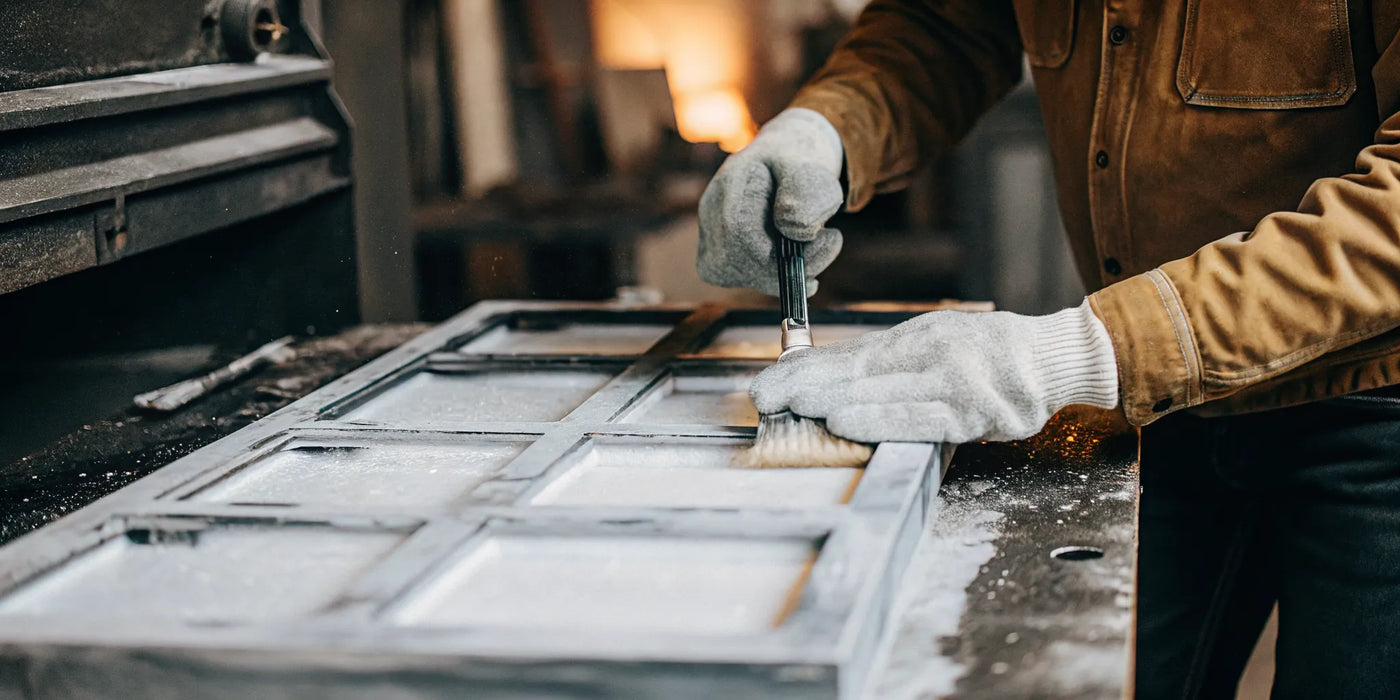 Applying fiberglass stove gasket cement to a stove door with a brush and protective gloves.