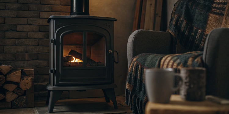 A wood stove fire seen through a glass door, which requires a safe replacement, not tempered glass.