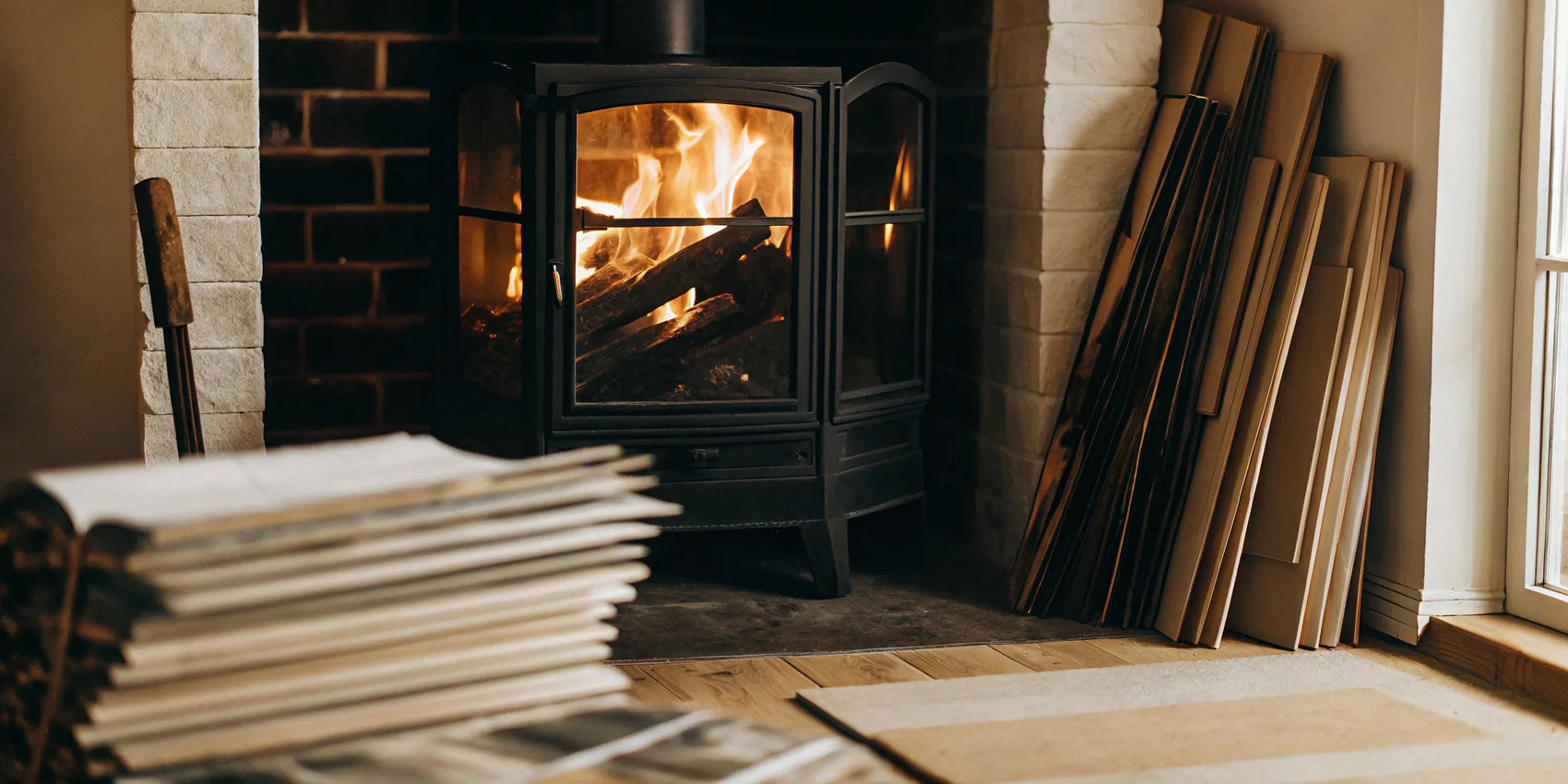 Custom glass fireplace door with a burning fire for safe and stylish heating.