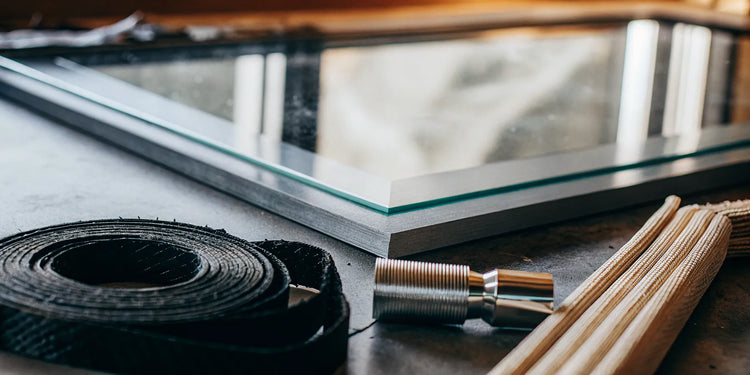 Fireplace glass gasket tape and installation tools on a workbench.
