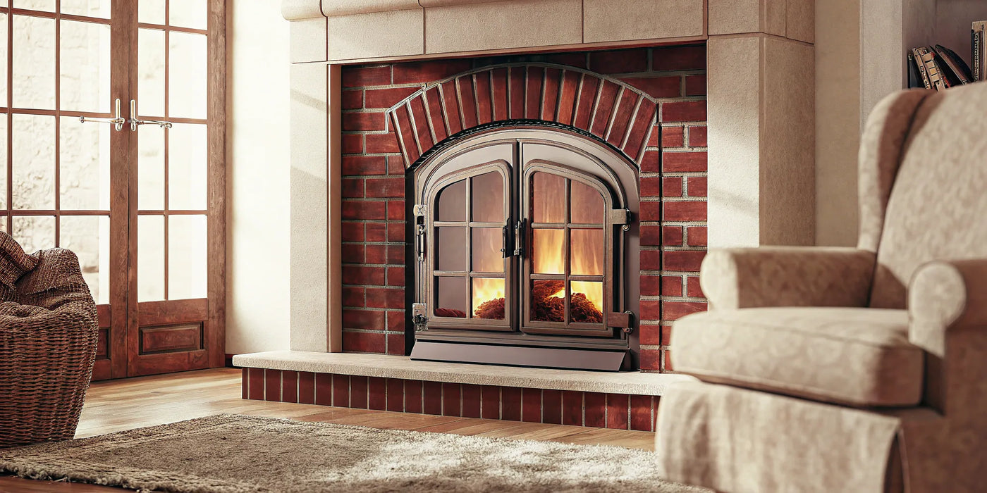 Wood burning in a fireplace behind protective glass doors.