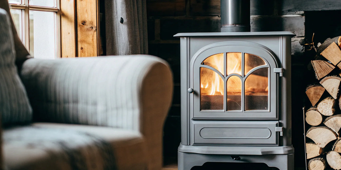 A fire burns behind the pyroceram glass door of a wood stove, a common part for replacement.