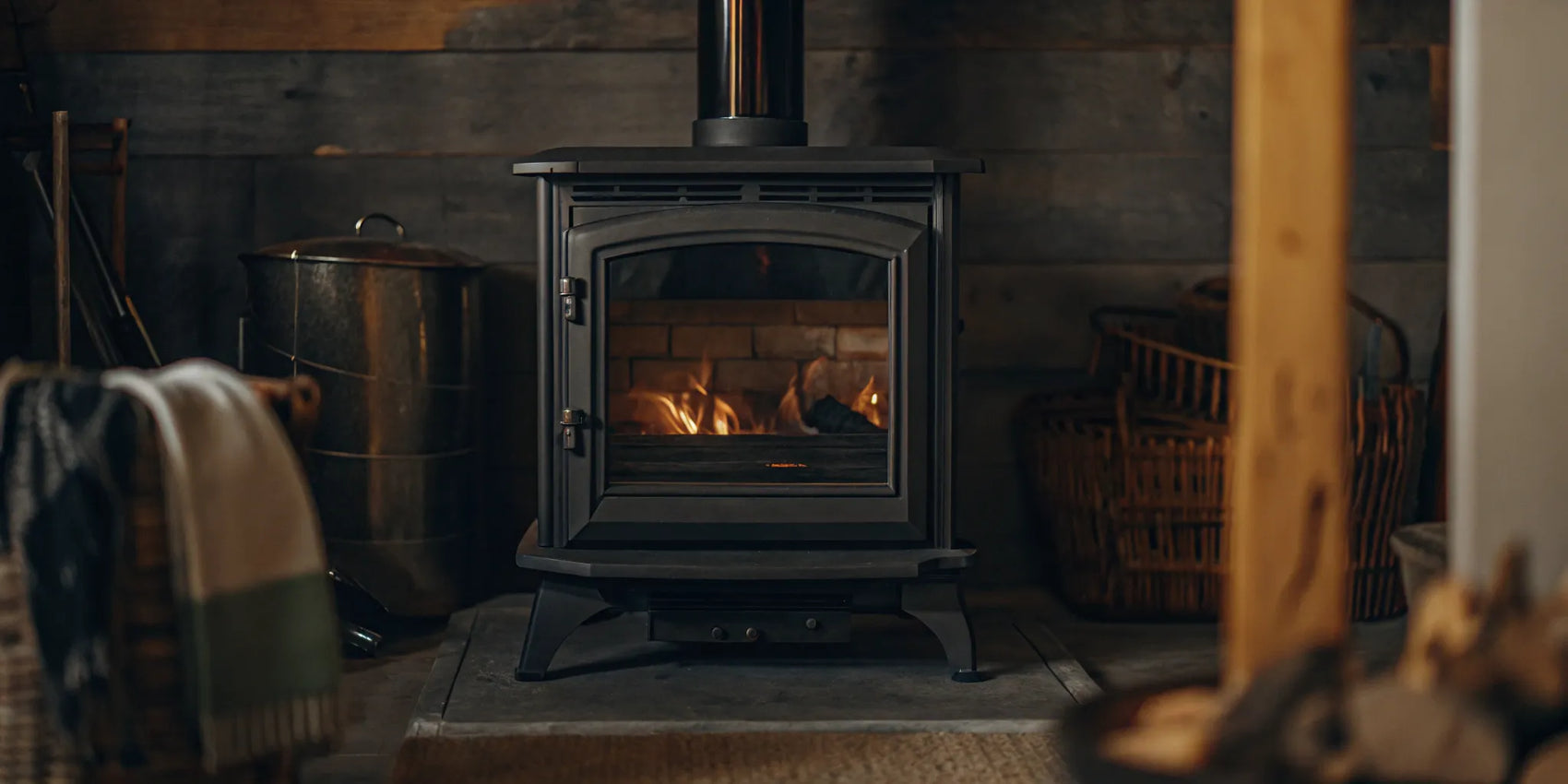 A wood stove with a fire, where a blower motor helps distribute heat.