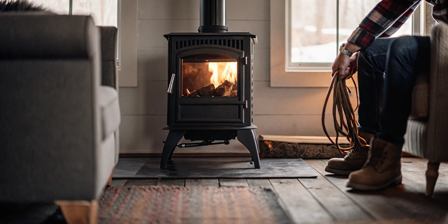 A person replacing the worn gasket on a wood stove door.