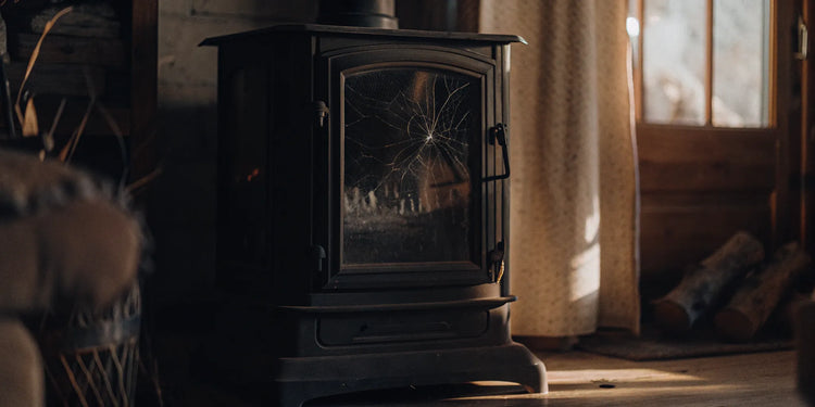 A wood stove with a cracked tempered glass door.