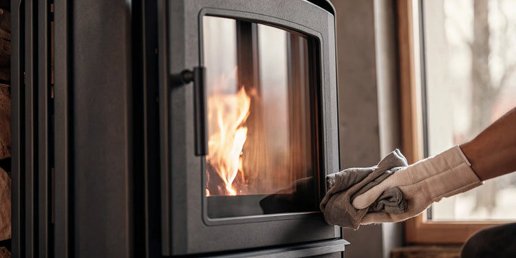 A gloved hand cleaning soot off the black glass of a pellet stove.