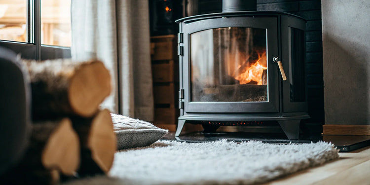 Fire burning in a wood stove behind a glass door that gets dirty fast.