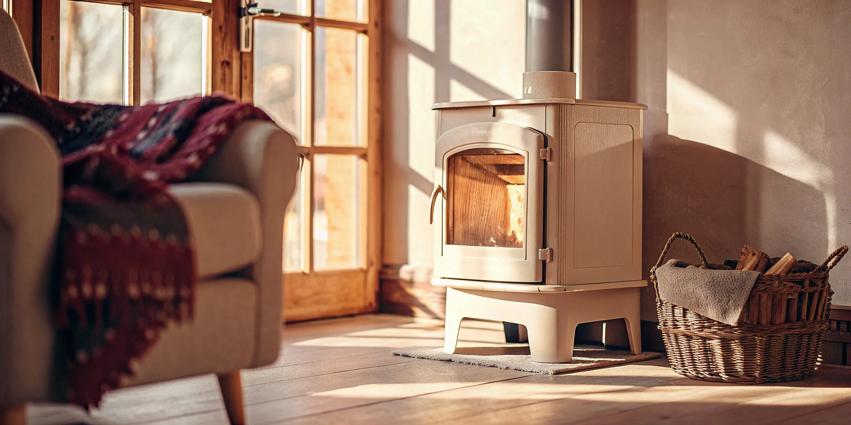 A modern ceramic stove with a fire burning brightly behind its clear glass door.