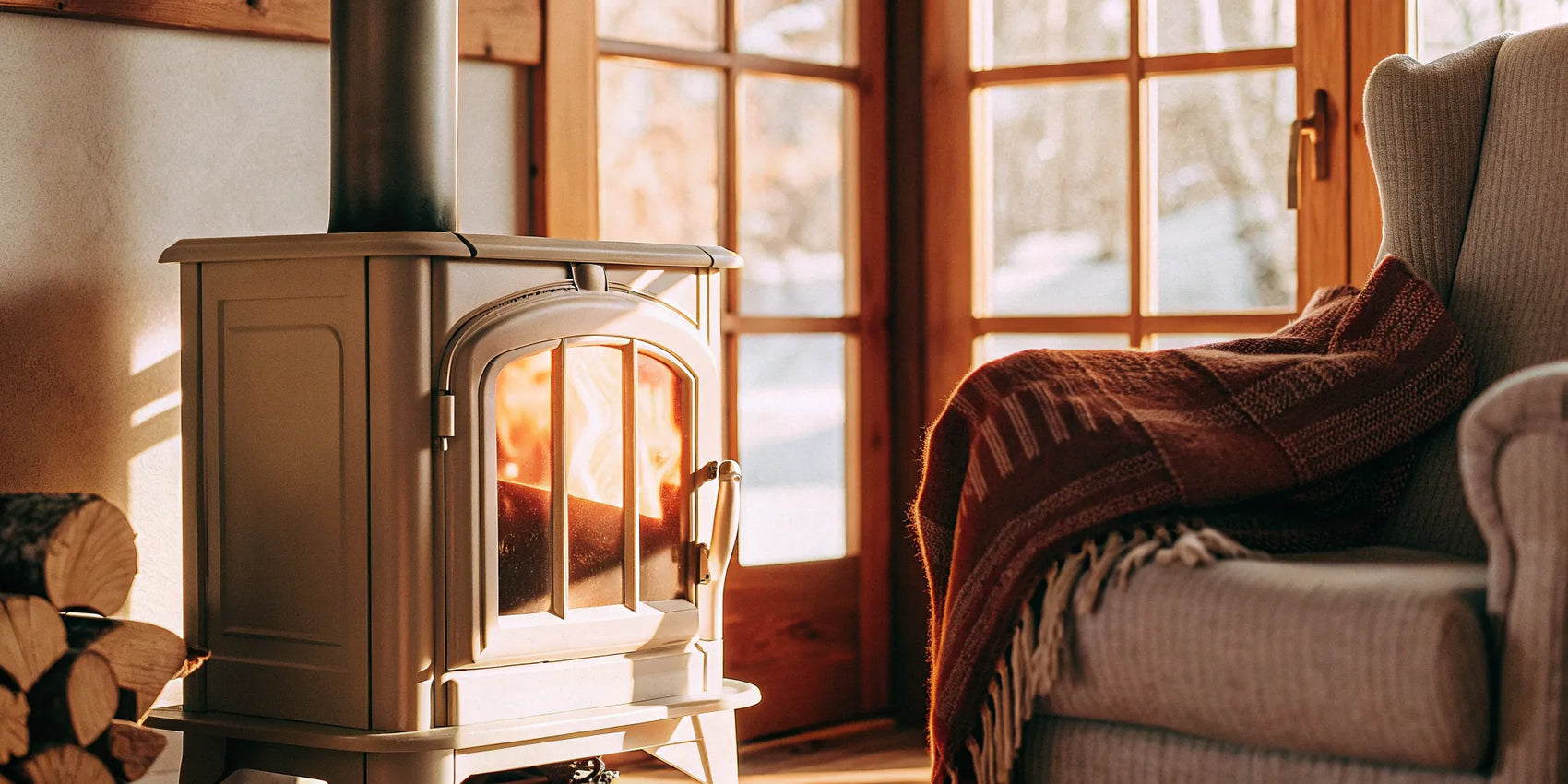 A quiet wood stove blower fan replacement warming a cozy room.