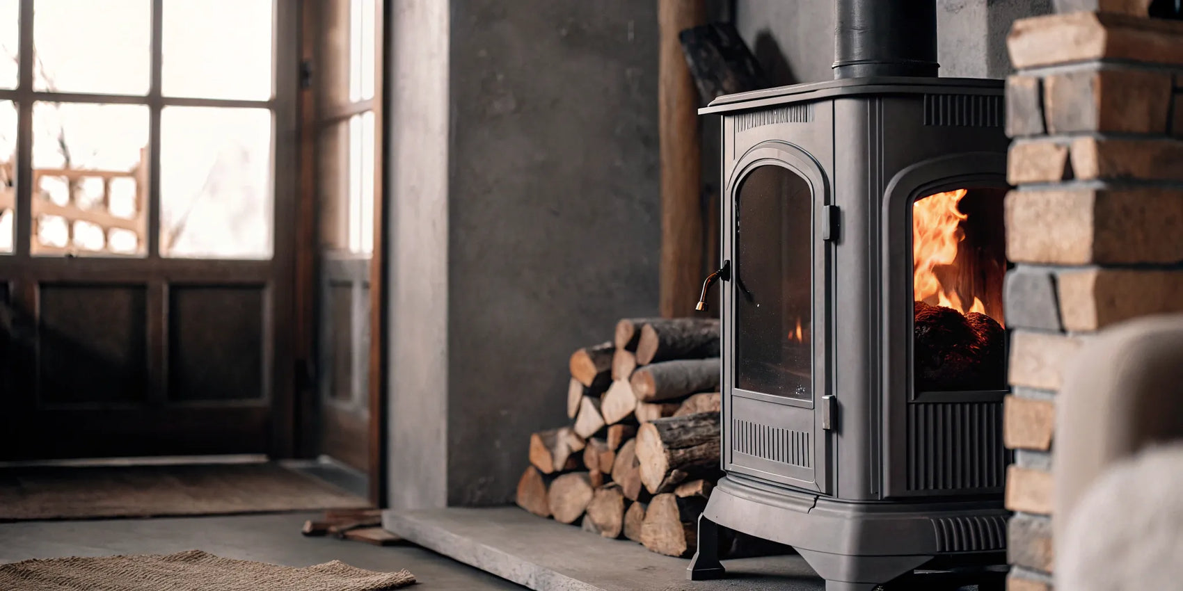 Custom cut ceramic glass in a wood stove with a clear view of the burning fire.