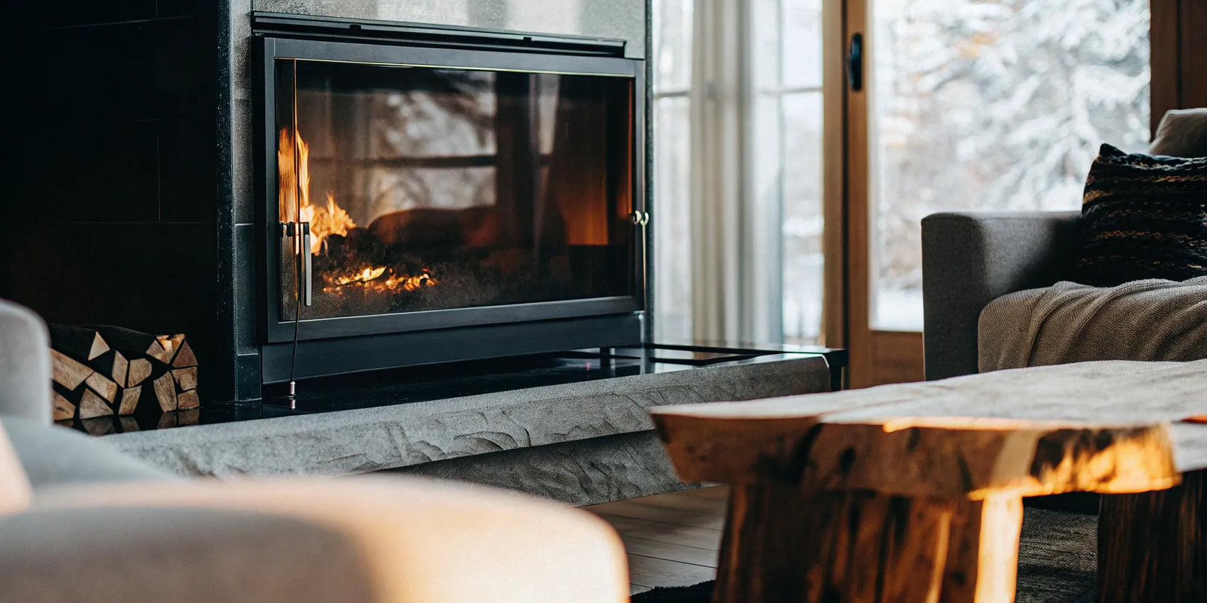 Replacement glass for a direct vent fireplace with a fire burning in a modern living room.