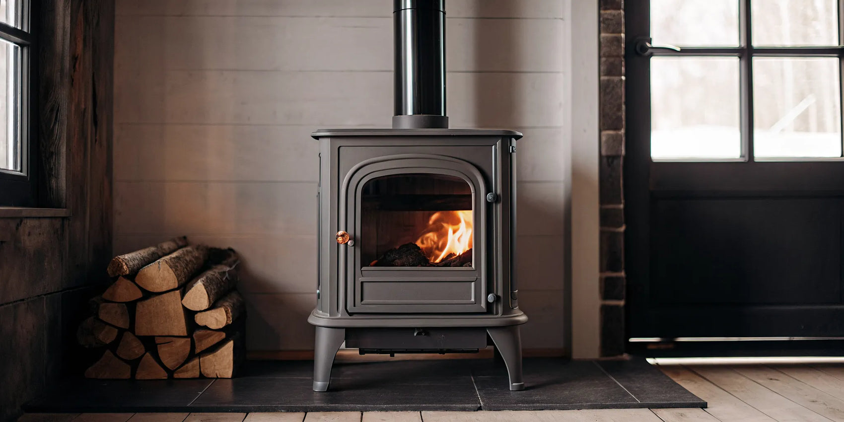 A classic Vermont wood stove burning efficiently beside a stack of firewood.