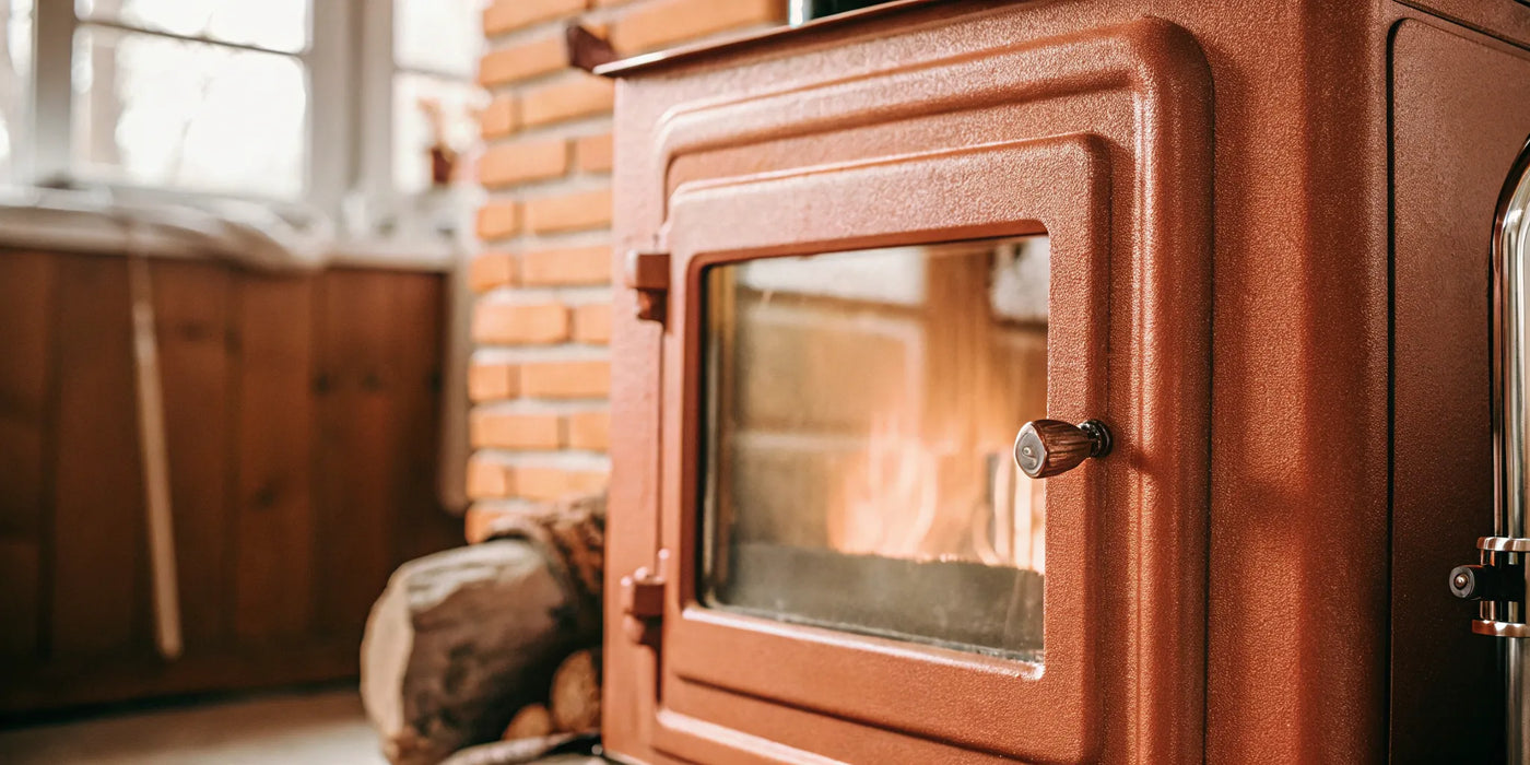 Applying new adhesive to a wood stove door gasket.