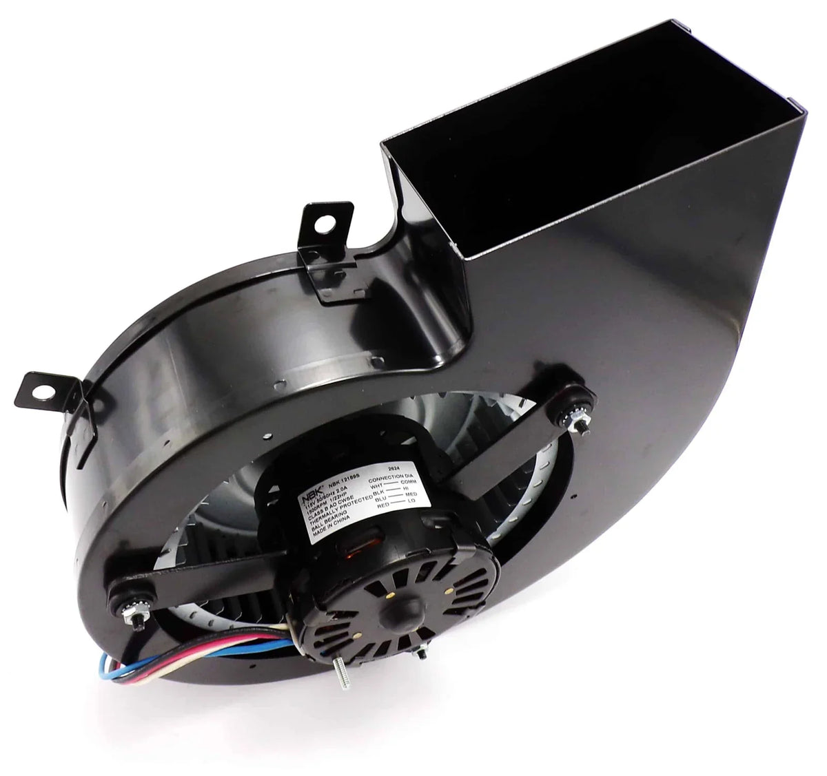 NBK pellet stove blower motor with black metal housing and centrifugal fan