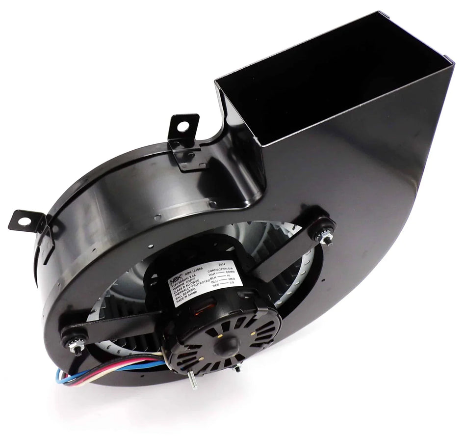 NBK pellet stove blower motor with black metal housing and centrifugal fan