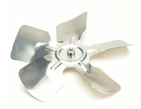 Metal wood stove fan blade with four curved vanes and a center mounting hole