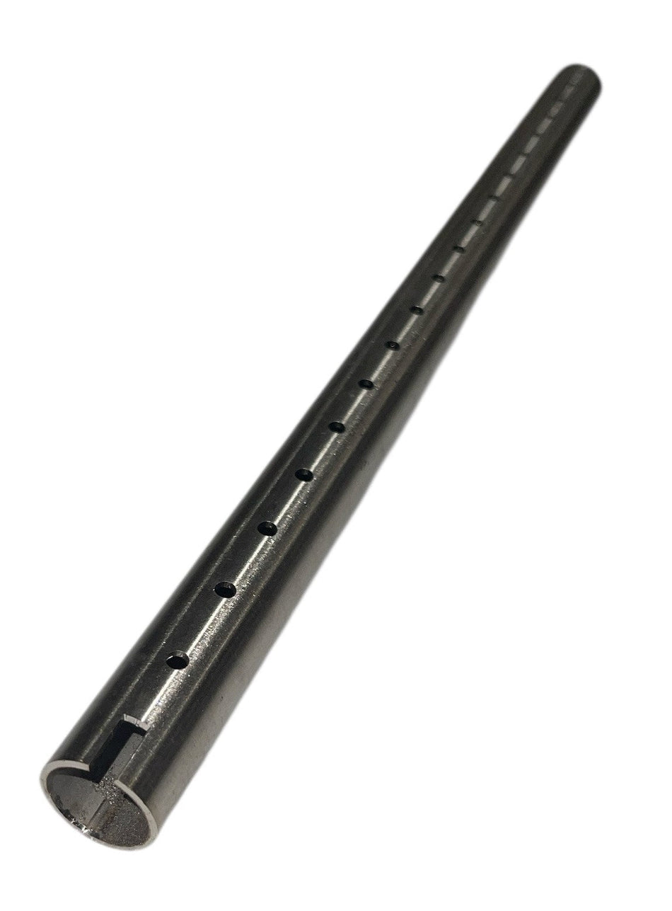 Perforated metal air tube for stove or fireplace heating system