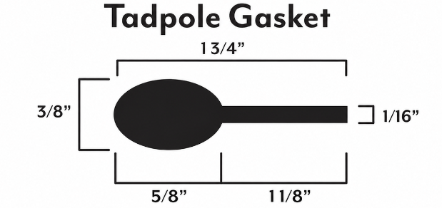 Tadpole Gasket 1 1/2" x 3/8" (1 3/4" overall) 7PW Thermalcord Glass Gasket – Self-Adhesive | Sold by the Foot