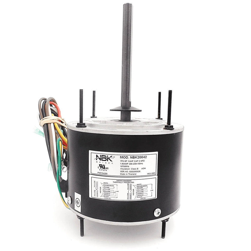 NBK-20042 Condenser Fan Motor 1/4 HP 208/230V 1075 RPM - Replaces Carrier P257-8728, Genteq 3728, Rheem W51-14CJA1-01