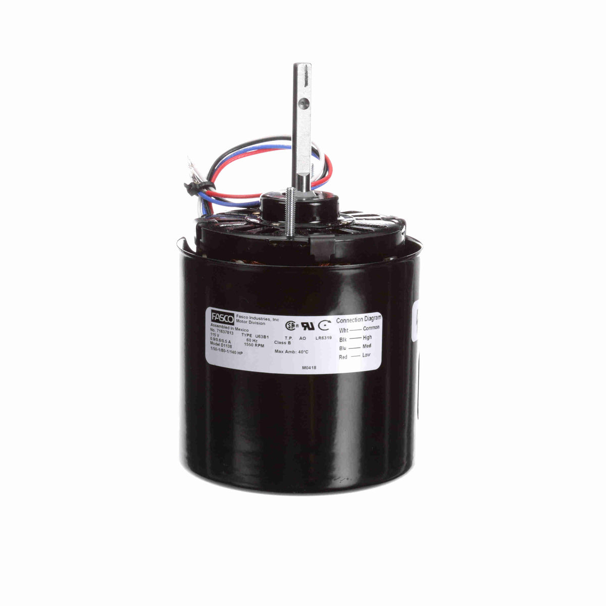 Motor Fasco 1MBS1 3-speed rear mount motor for Buck stoves with shaft and wiring.