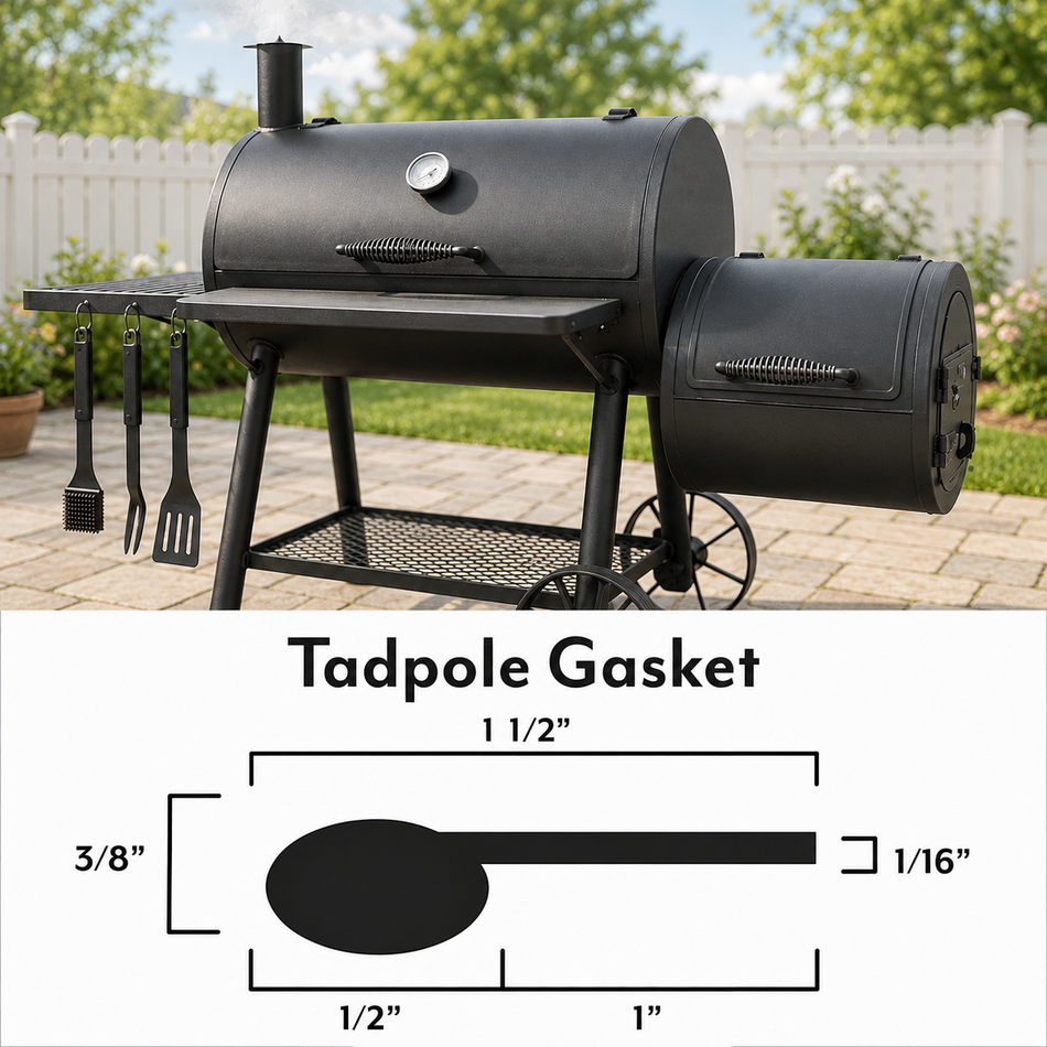 BBQ Smoker Tadpole Gasket – 1/2" Bulb x 1" Flat Tail – Self-Adhesive High-Temp Fiberglass – Sold by the Foot