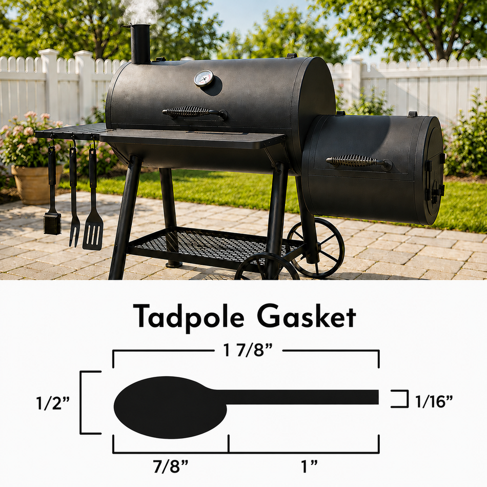 Grill Parts tadpole gasket with 7/8" bulb, 1" flat, and 1-7/8" overall dimensions.