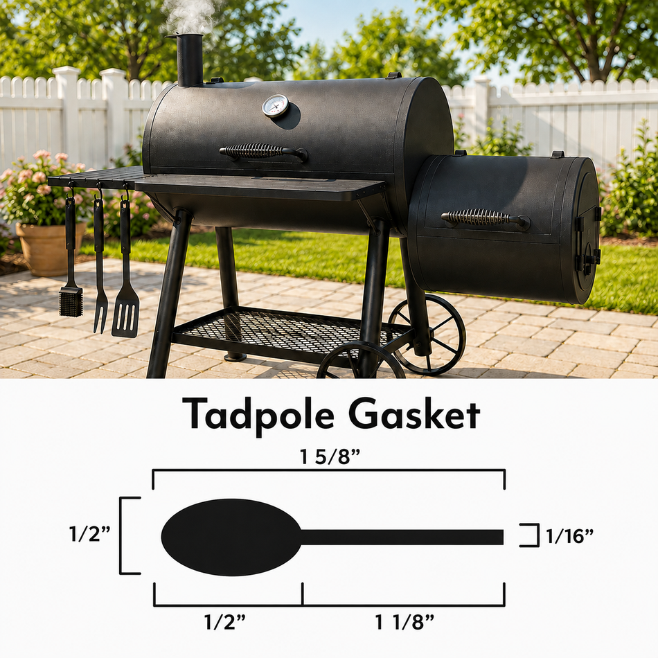 BBQ Smoker Tadpole Gasket – 1/2" Bulb x 1-1/8" Flat x 1-5/8" Overall – Self-Adhesive – Sold by Foot