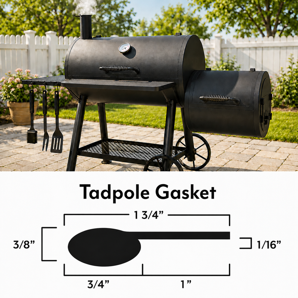 Grill Parts tadpole gasket with 3/4" bulb, 1" flat, and 1-3/4" overall dimensions.