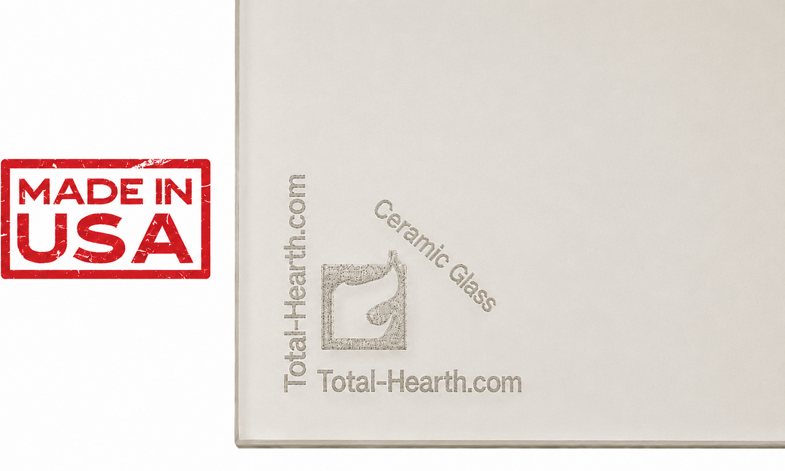 A close-up of a beige ceramic glass tile or panel corner with embossed Total-Hearth.com branding and the text 'Ceramic Glass.