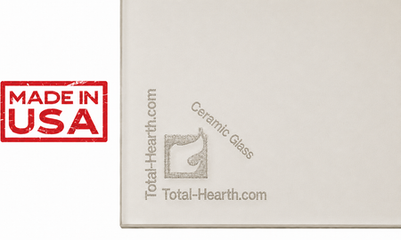 A close-up of a beige ceramic glass tile or panel corner with embossed Total-Hearth.com branding and the text 'Ceramic Glass.