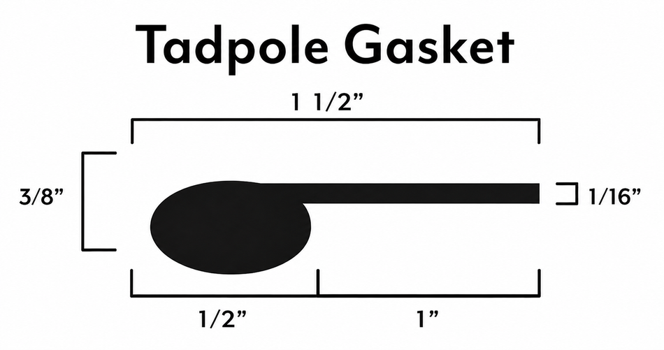 Tadpole Gasket – 1/2" Bulb x 1" Flat Tail – Graphite Fiberglass PSA – Sold by the Foot