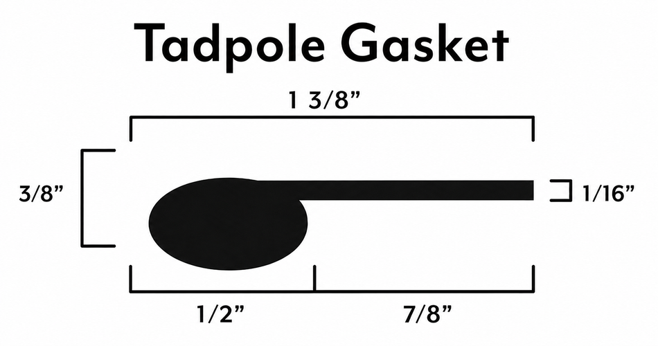 Tadpole Gasket – 1/2" Bulb x 7/8" Flat – Graphite Fiberglass PSA – Sold by Foot